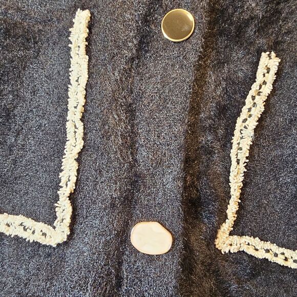 Black Knit Jacket With Contrast Ivory Trim Mixed Buttons Soft Fuzzy Small - Picture 4 of 8
